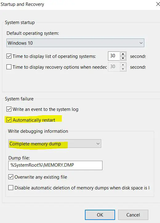 system failure and memory dump settings