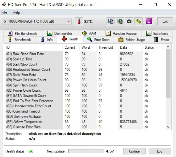 checking the health status of hard drive in HD Tune program